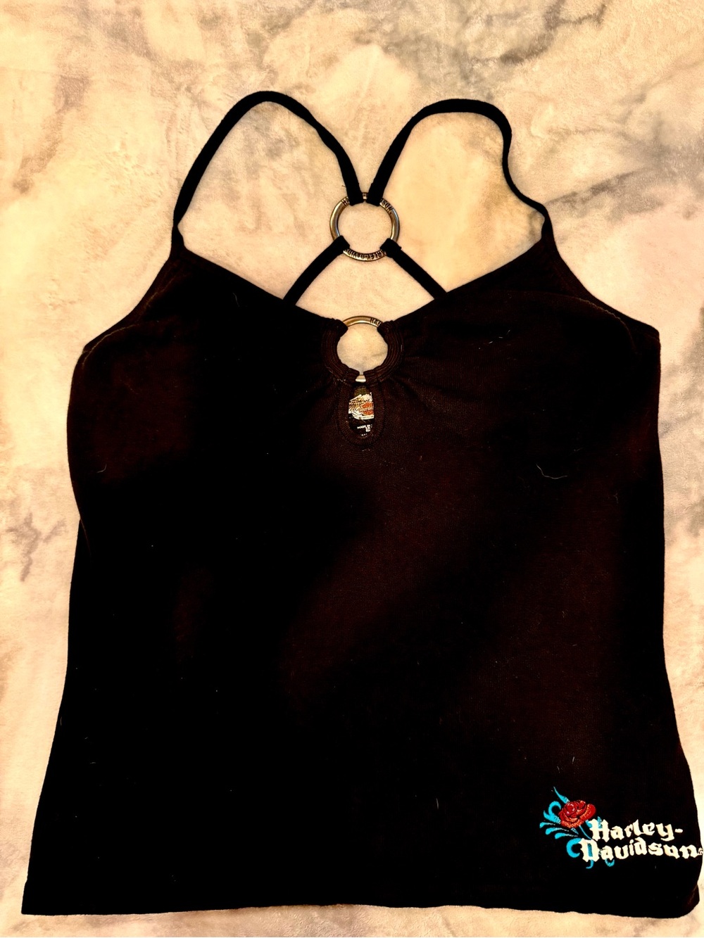 Vintage Harley-Davidson Black halter w/Ring Accents, Logo, & built-in bra.